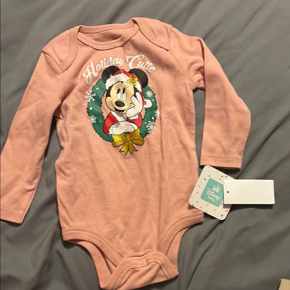 Disney Pink Minnie Mouse Holiday Bodysuit with Gold Bow